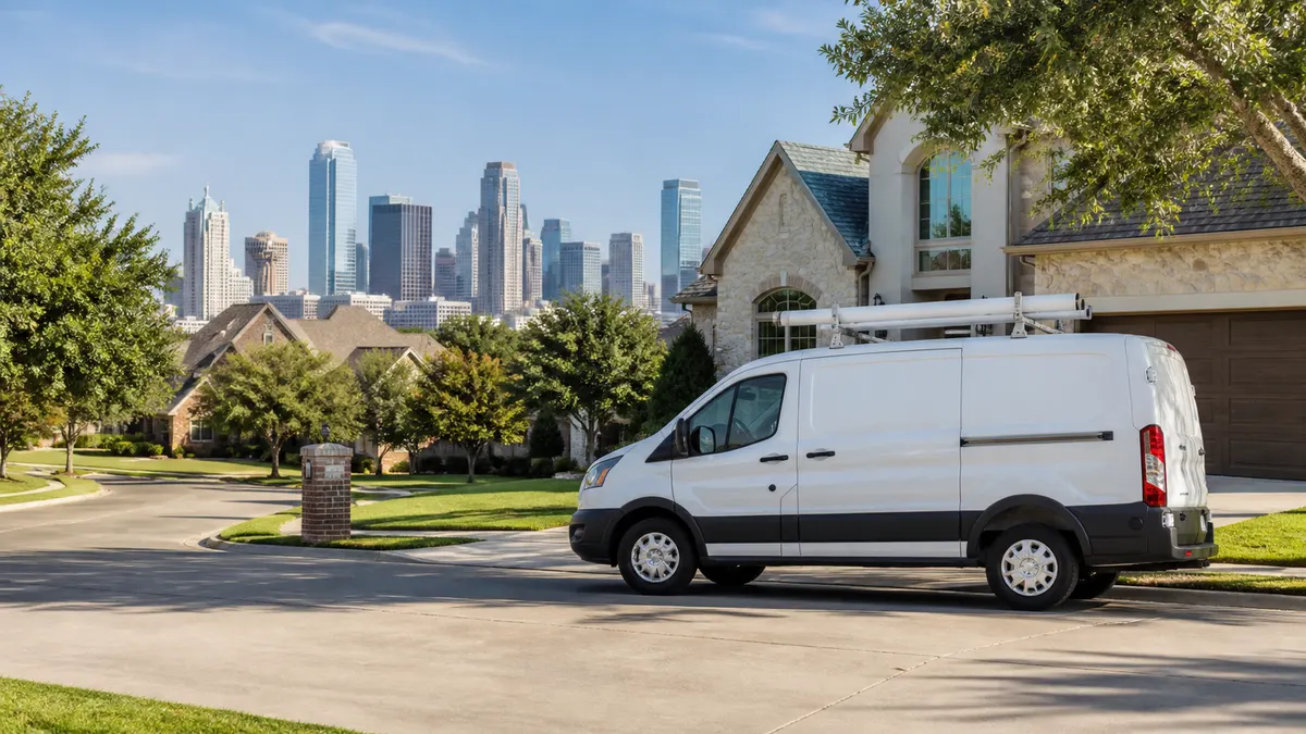 Unbranded plumbing service van near a Dallas-Fort Worth home